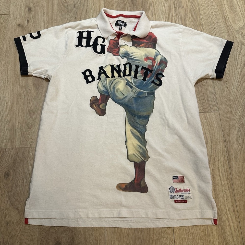 Hustle Gang Polo Shirt Bandits Baseball Print White Mens 2X